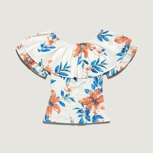 GIBIU USA Floral Ruffle Top XS White Blue Coral Flutter Sleeve Fitted Blouse